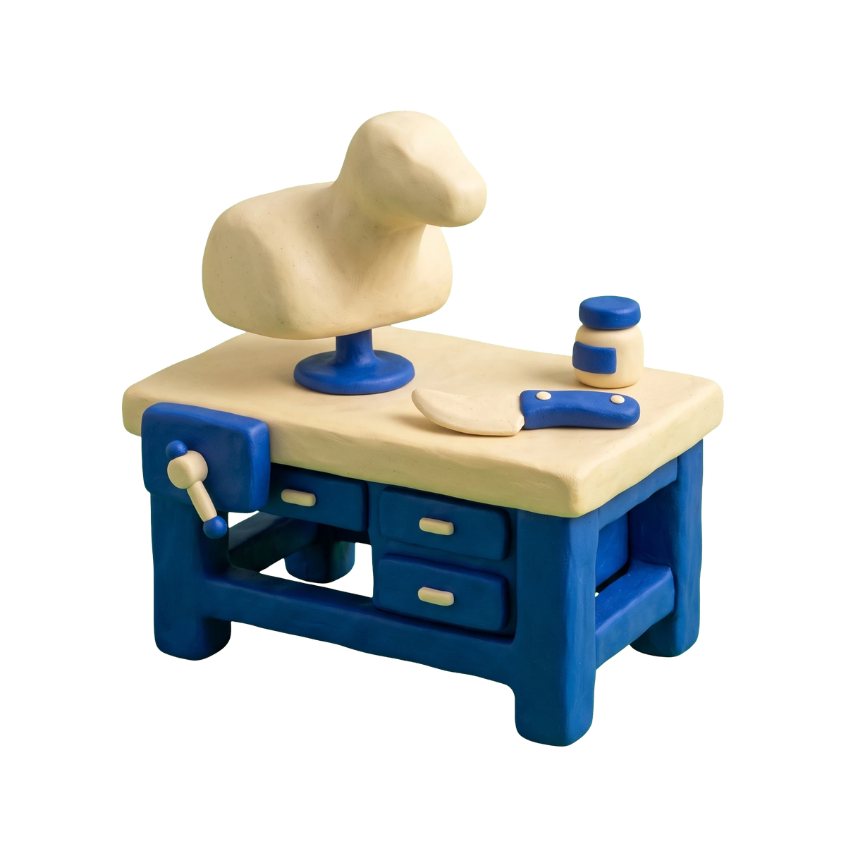 Taxidermist illustration in blue and ivory clay