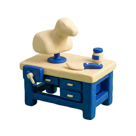 Taxidermist illustration in blue and ivory clay