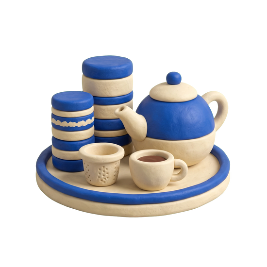 Tea store illustration in blue and ivory clay