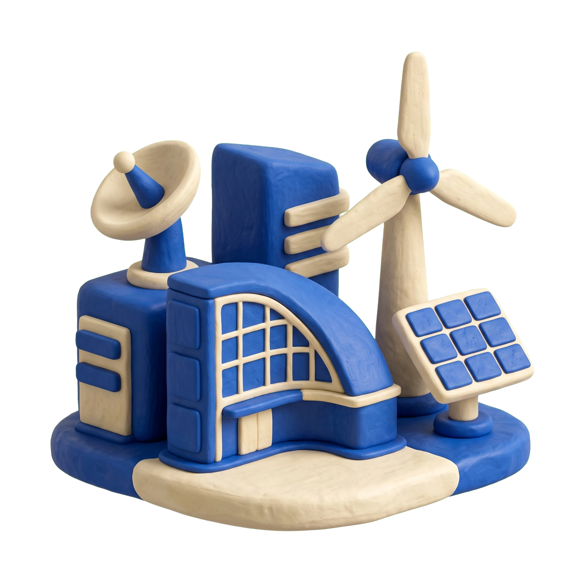 Technology park illustration in blue and ivory clay