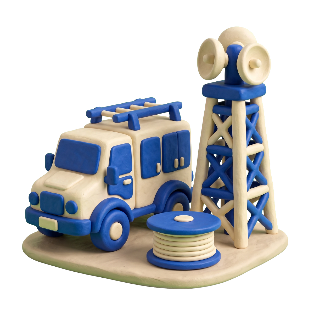 Telecommunications contractor illustration in blue and ivory clay