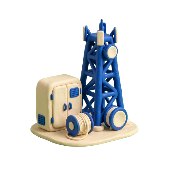 Telecommunications service provider illustration in blue and ivory clay