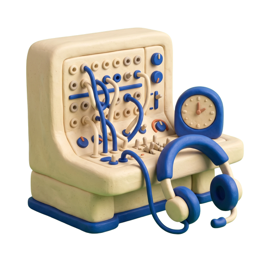 Telephone answering service illustration in blue and ivory clay
