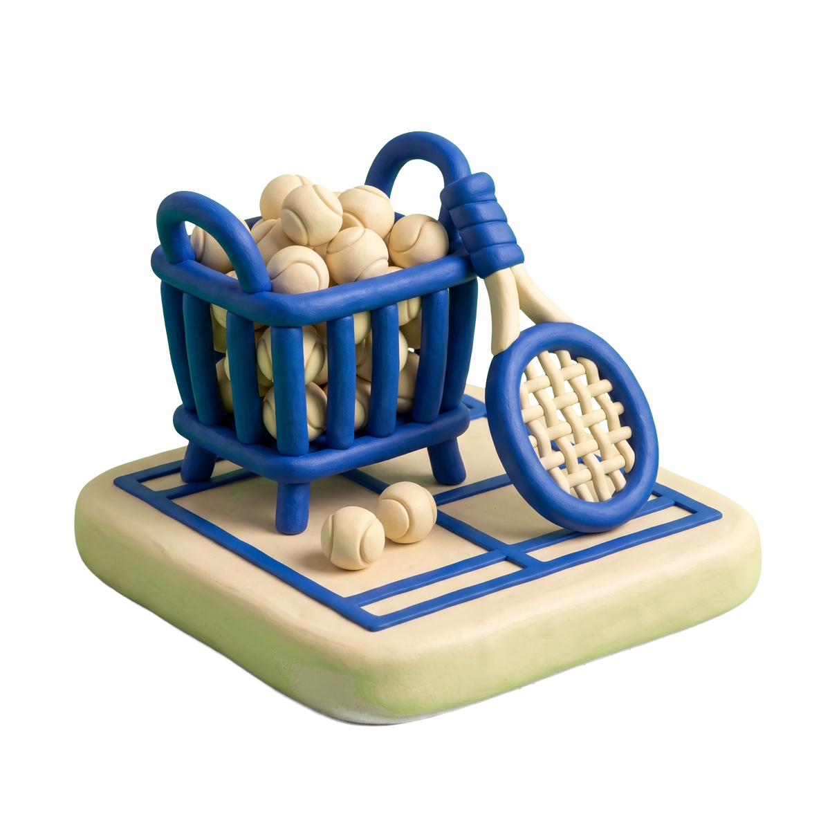 Tennis instructor illustration in blue and ivory clay