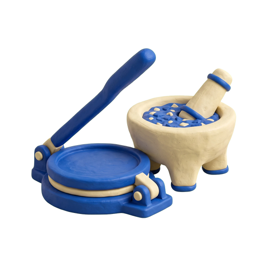 Tex-Mex restaurant illustration in blue and ivory clay