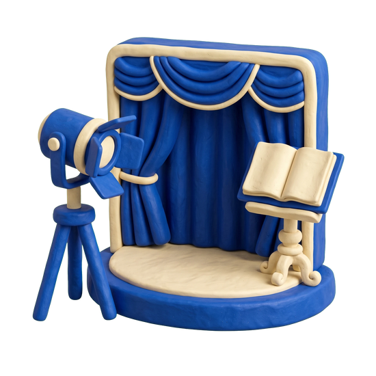 Theater production illustration in blue and ivory clay