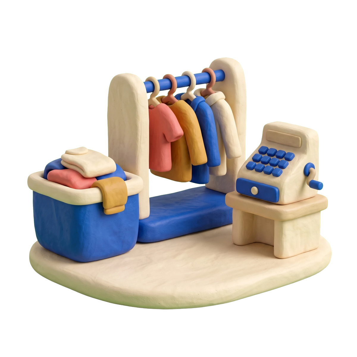 Thrift store illustration in blue and ivory clay