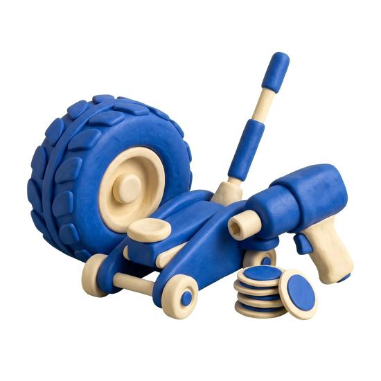 Tire repair shop illustration in blue and ivory clay