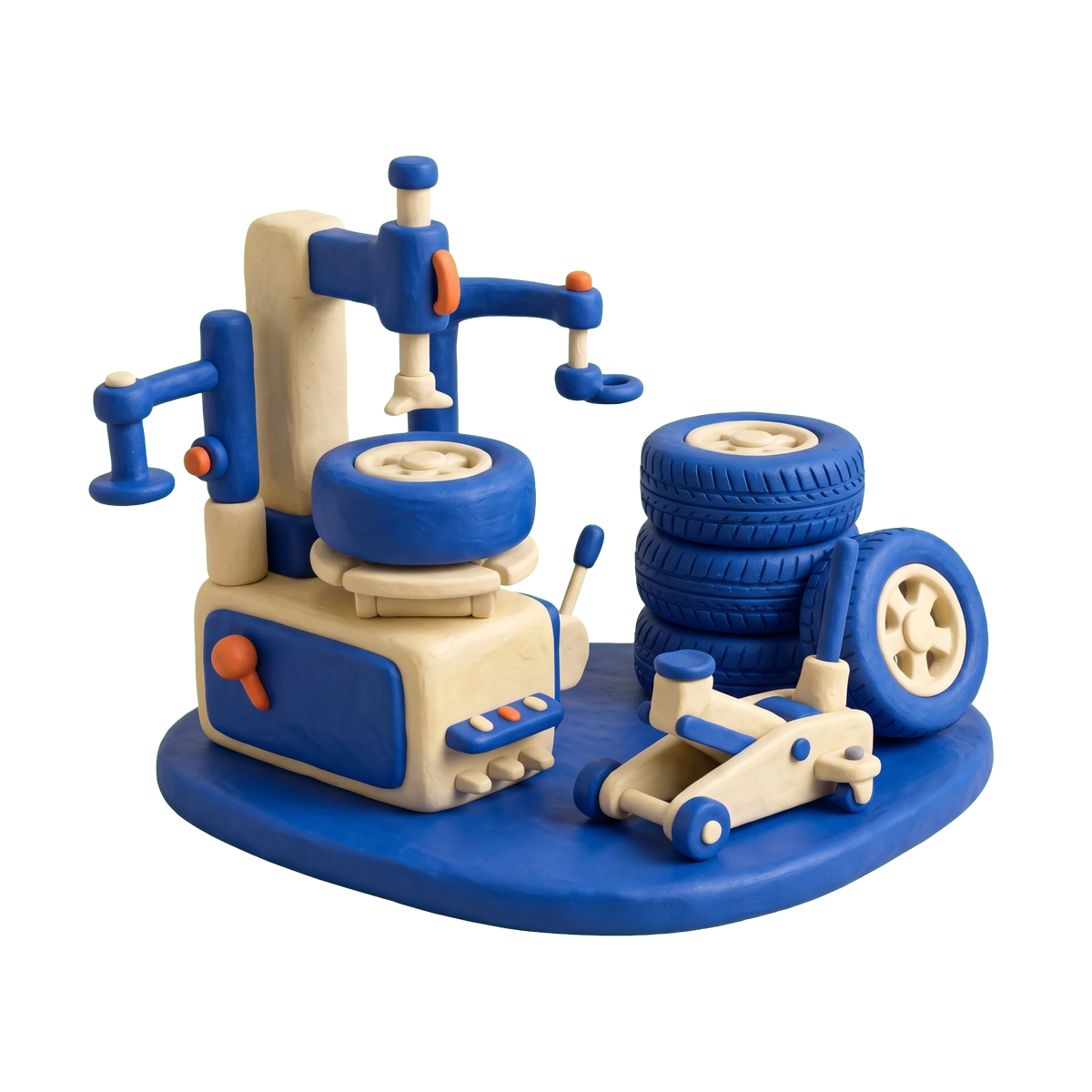 Tire service illustration in blue and ivory clay