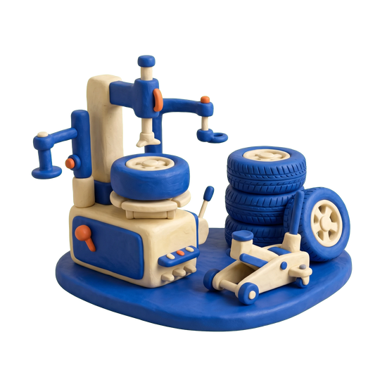 Tire service illustration in blue and ivory clay