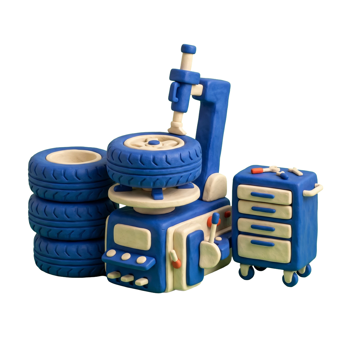 Tire shop illustration in blue and ivory clay