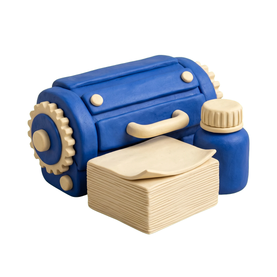 Toner cartridge supplier illustration in blue and ivory clay