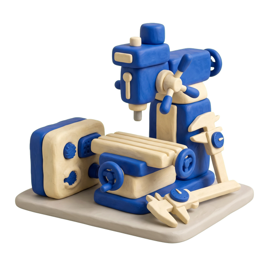 Tool & die shop illustration in blue and ivory clay