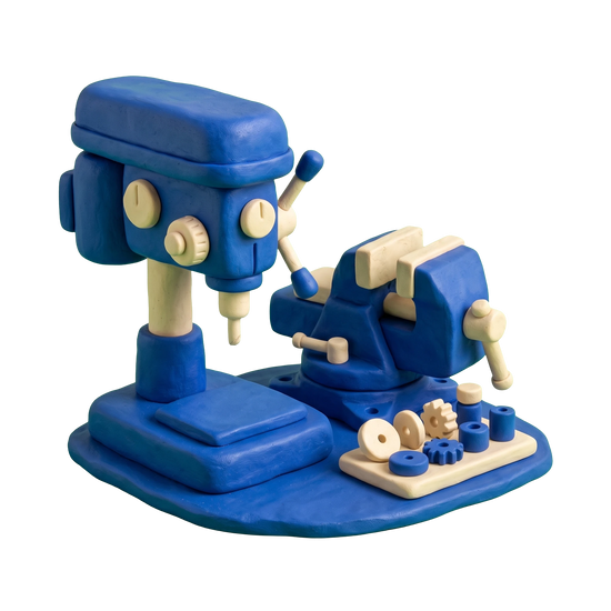 Tool manufacturer illustration in blue and ivory clay