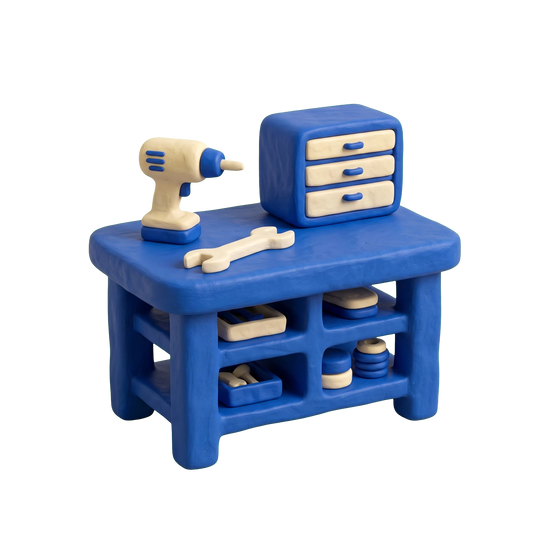 Tool store illustration in blue and ivory clay