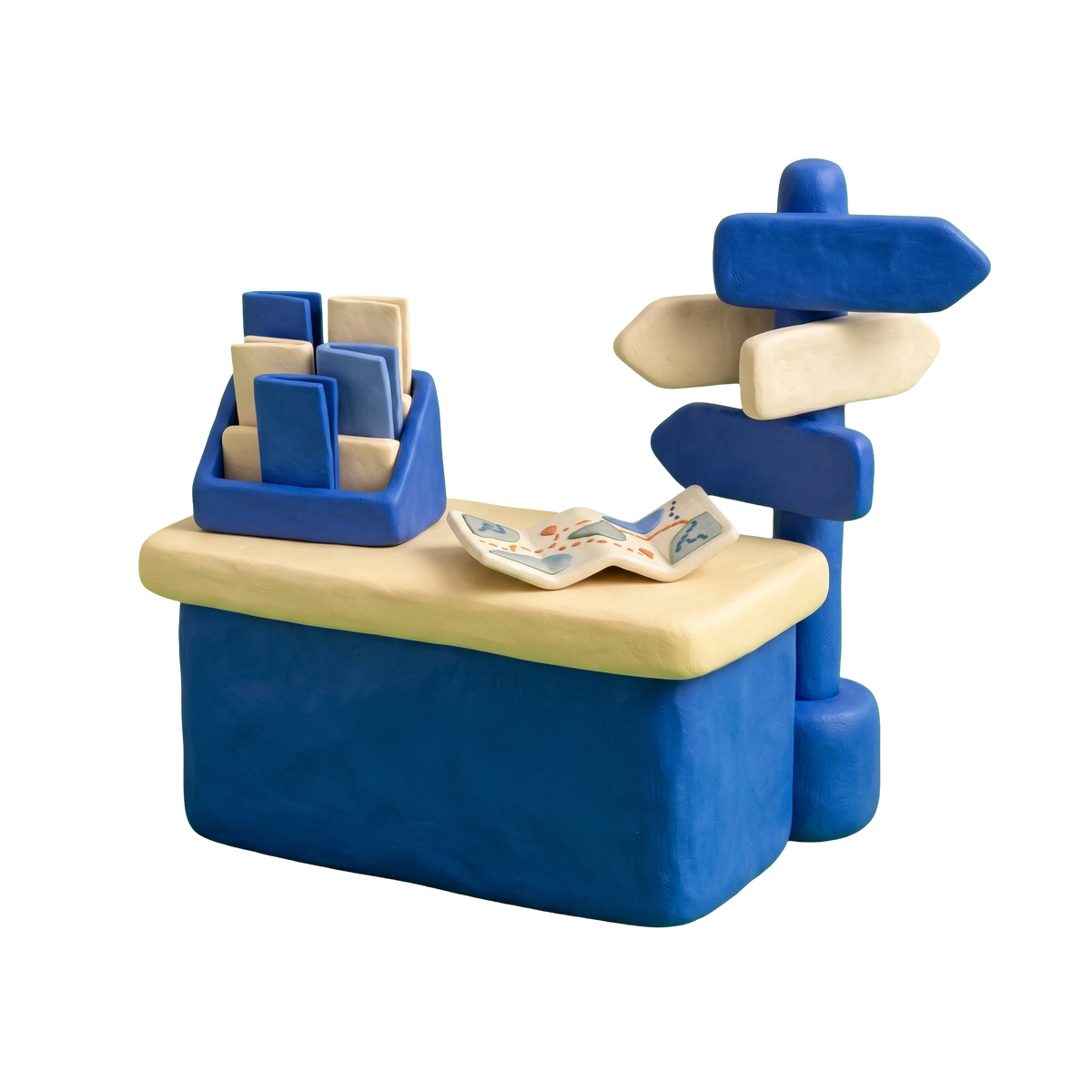 Tourist information center illustration in blue and ivory clay