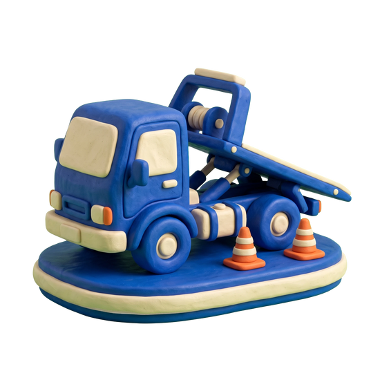 Towing service illustration in blue and ivory clay