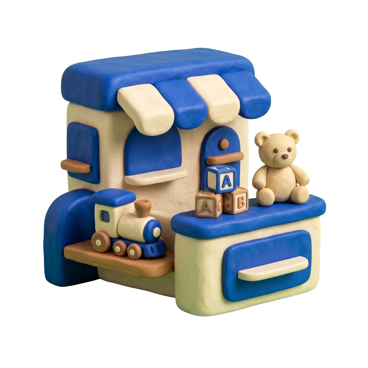 Toy store illustration in blue and ivory clay