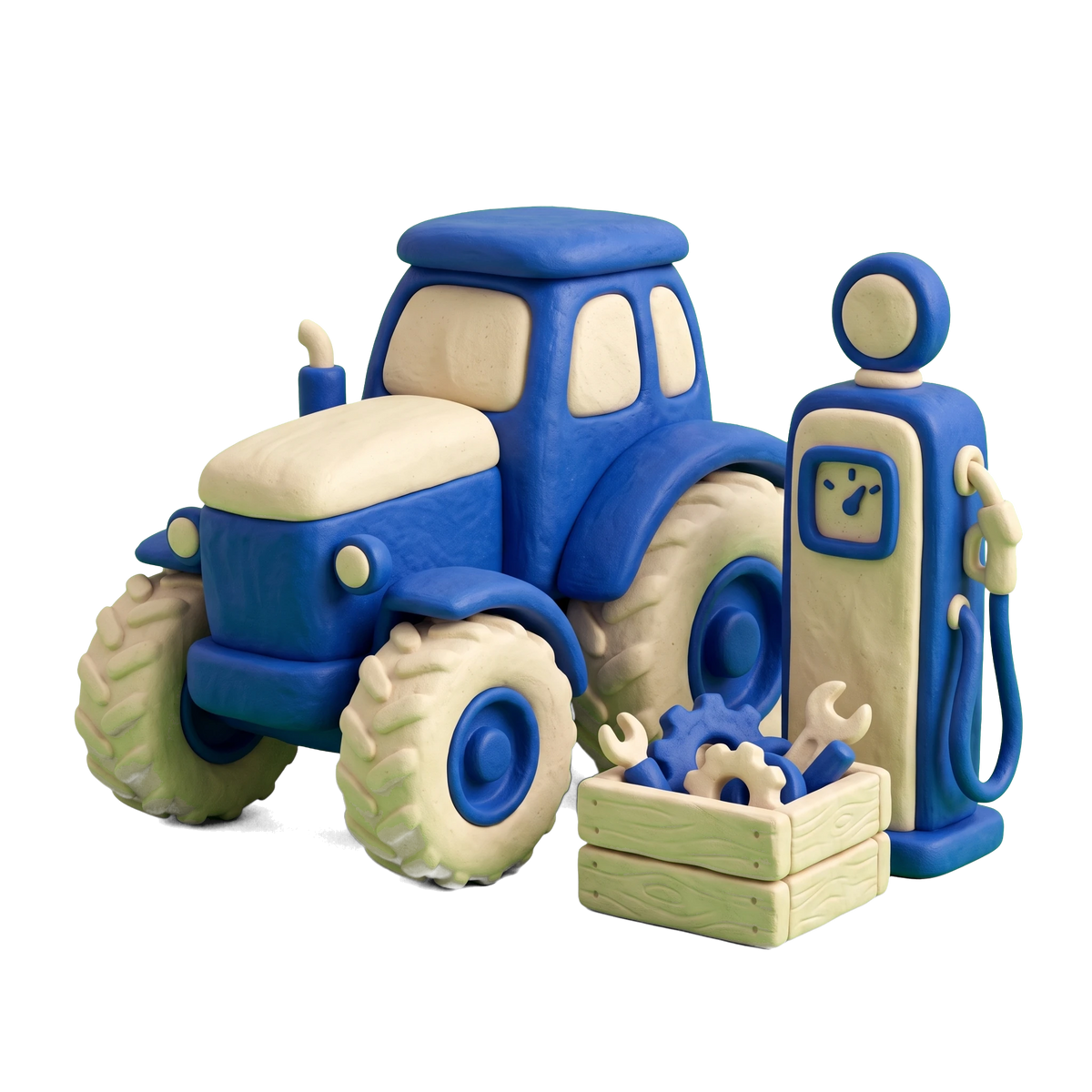 Tractor dealer illustration in blue and ivory clay