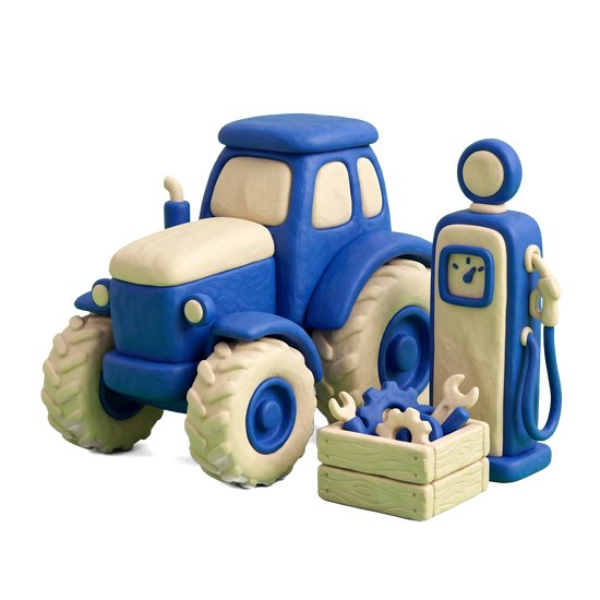 Tractor dealer illustration in blue and ivory clay
