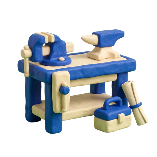 Trade school illustration in blue and ivory clay