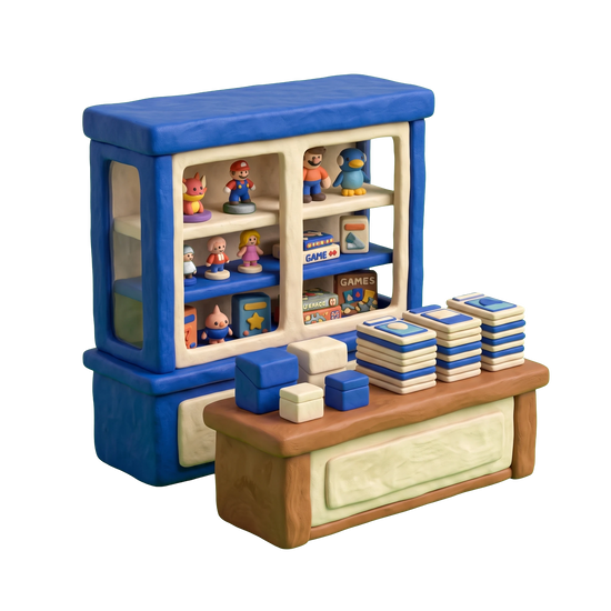 Trading card store illustration in blue and ivory clay