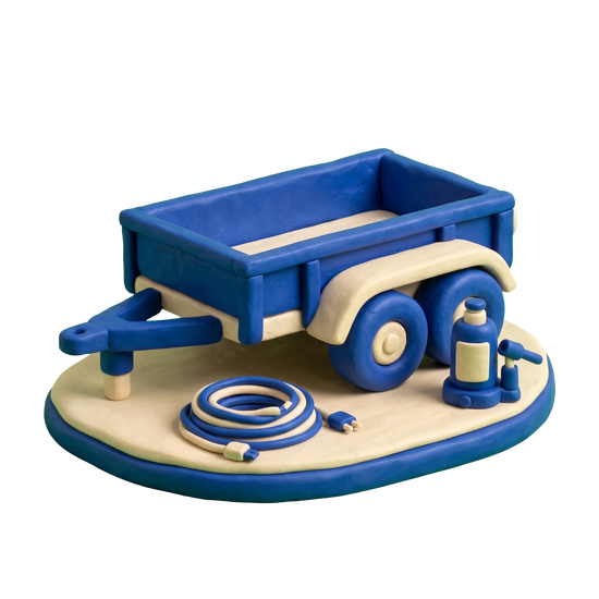 Trailer manufacturer illustration in blue and ivory clay
