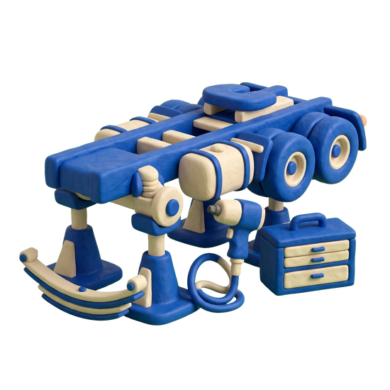 Trailer repair shop illustration in blue and ivory clay