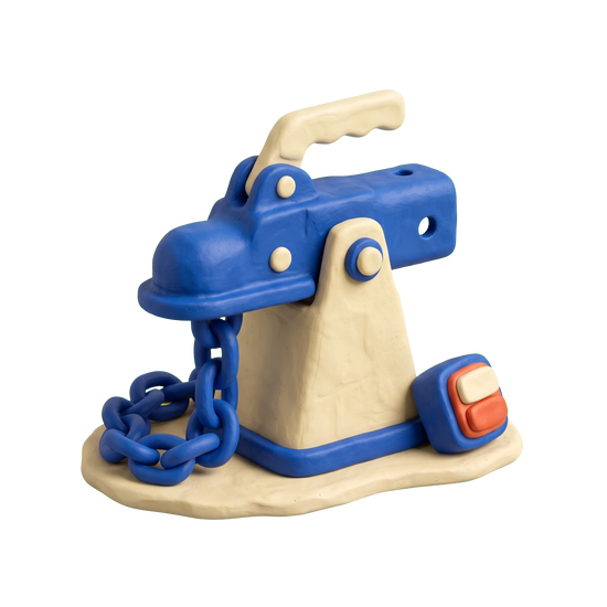Trailer supply store illustration in blue and ivory clay