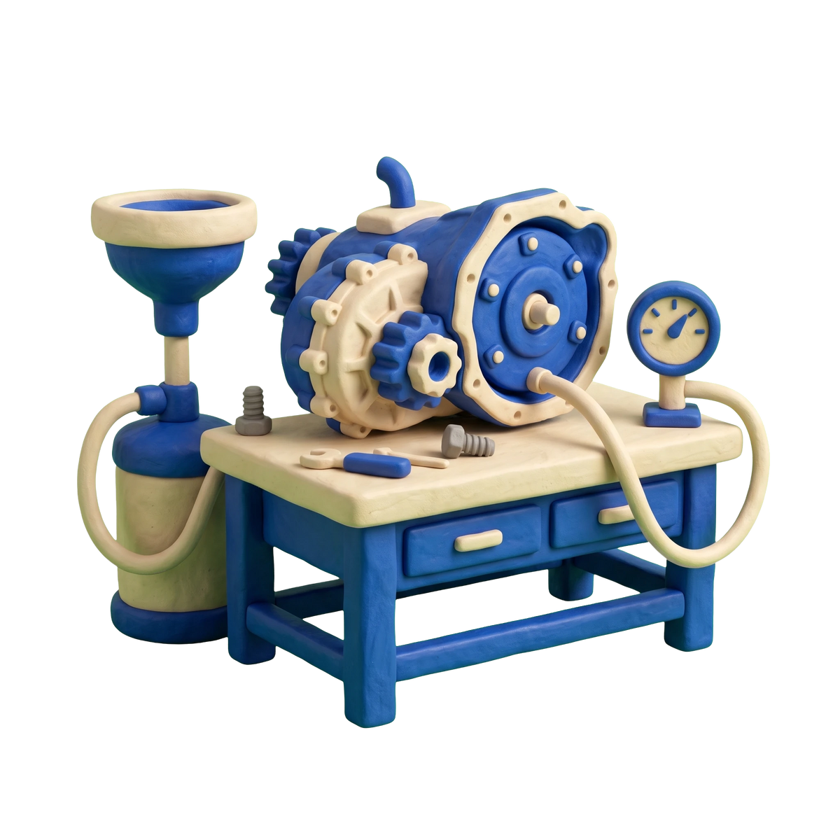 Transmission shop illustration in blue and ivory clay