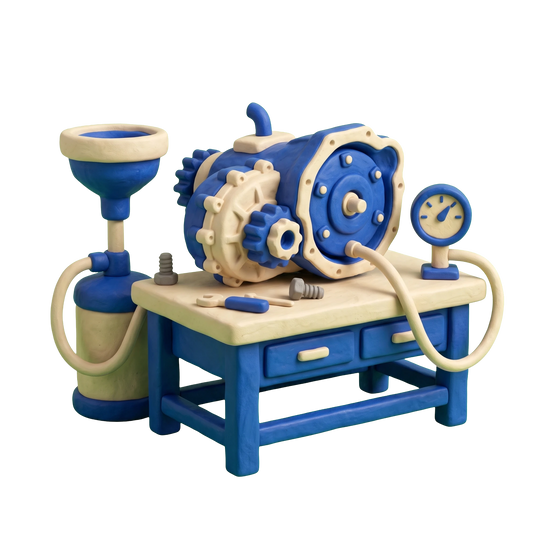 Transmission shop illustration in blue and ivory clay