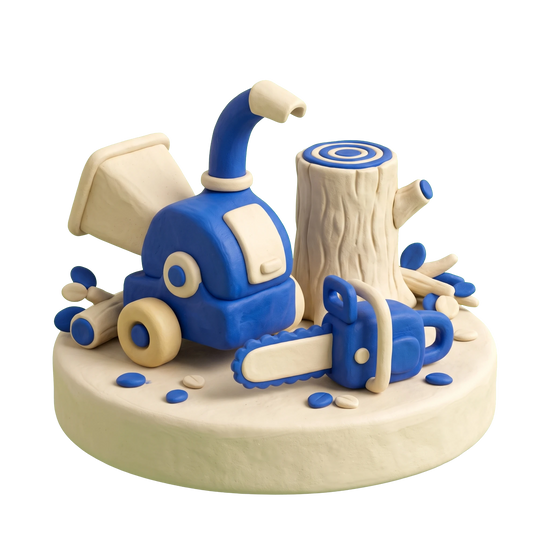 Tree service illustration in blue and ivory clay