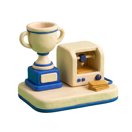Trophy shop illustration in blue and ivory clay