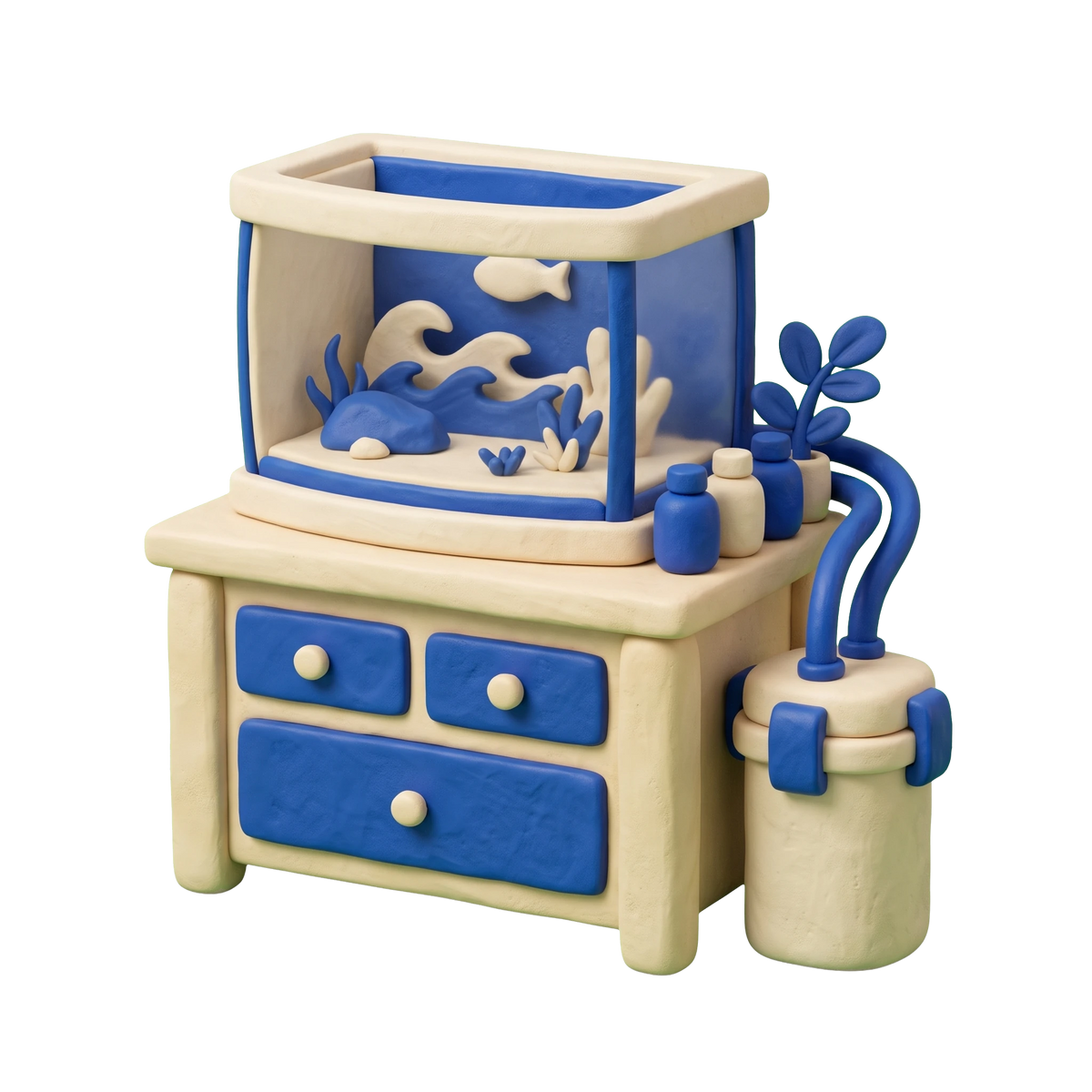 Tropical fish store illustration in blue and ivory clay