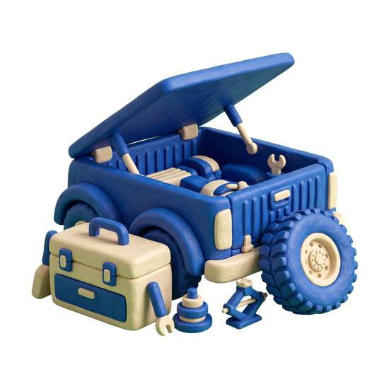 Truck accessories store illustration in blue and ivory clay