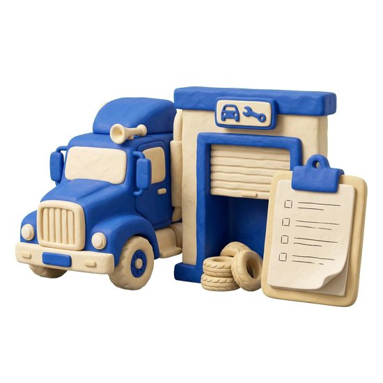 Truck dealer illustration in blue and ivory clay