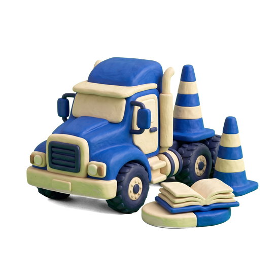 Truck driving school illustration in blue and ivory clay
