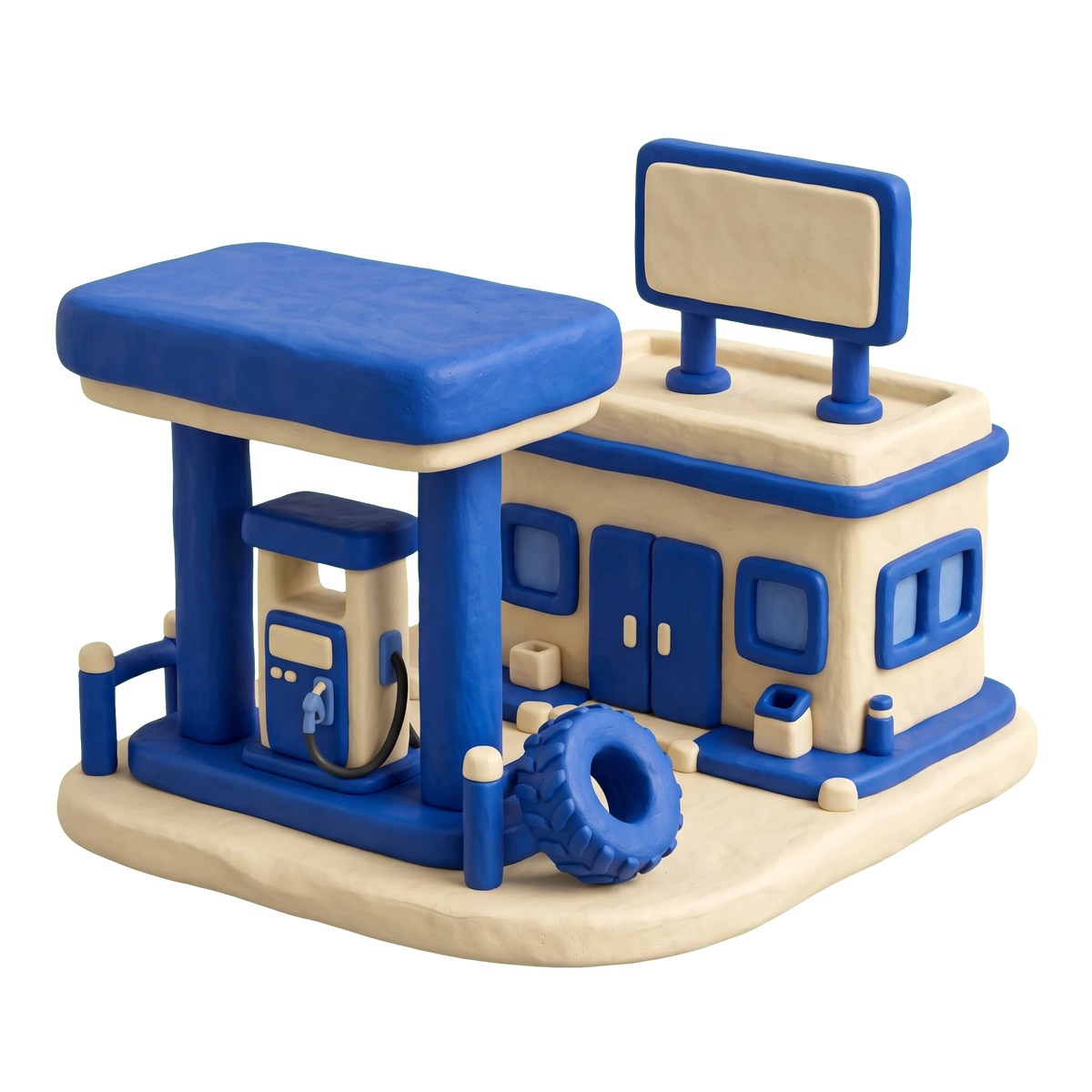Truck stop illustration in blue and ivory clay