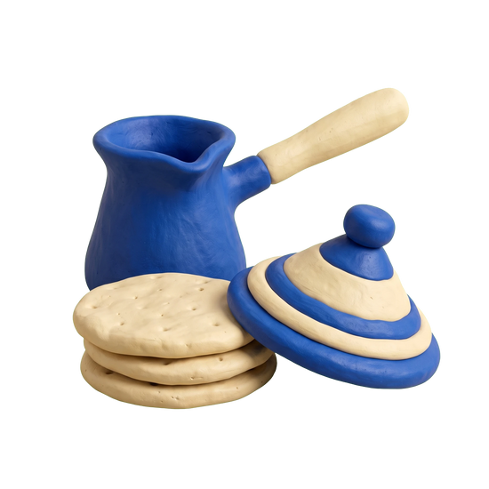 Turkish restaurant illustration in blue and ivory clay