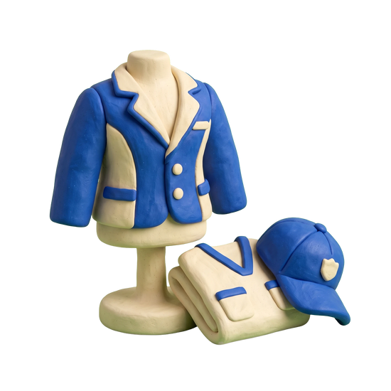 Uniform store illustration in blue and ivory clay