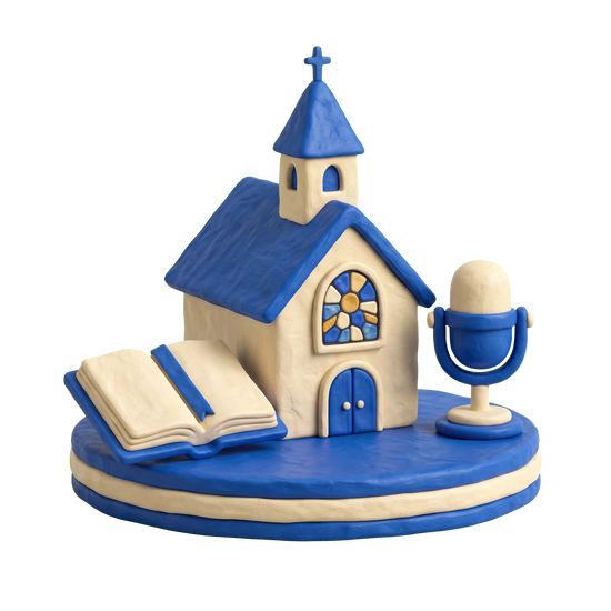 United Methodist church illustration in blue and ivory clay