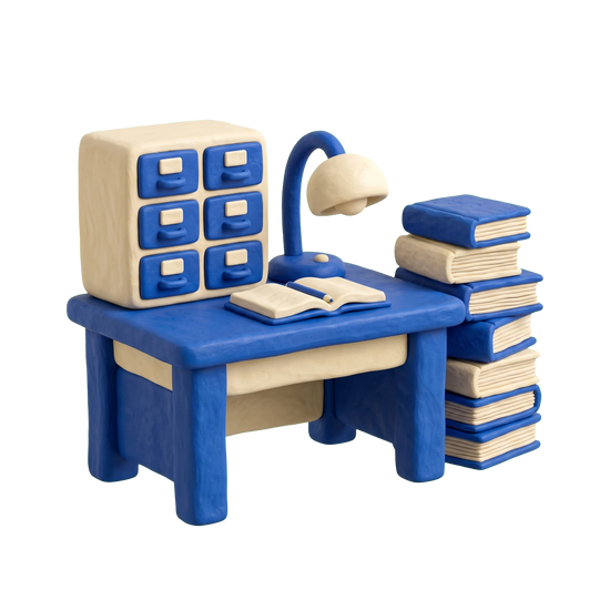 University library illustration in blue and ivory clay