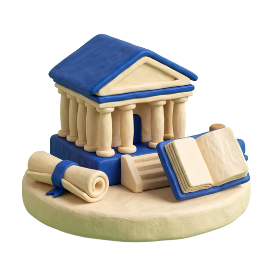 University illustration in blue and ivory clay