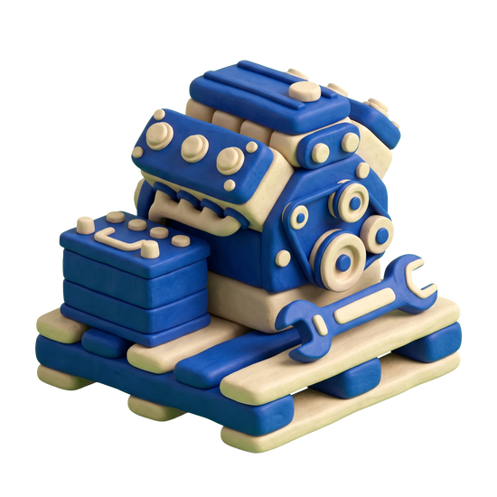 Used auto parts store illustration in blue and ivory clay