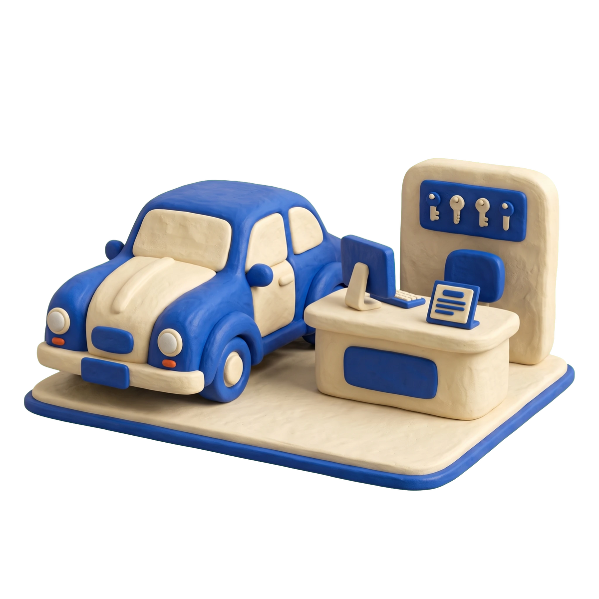 Used car dealer illustration in blue and ivory clay