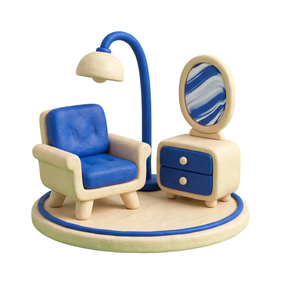 Used furniture store illustration in blue and ivory clay