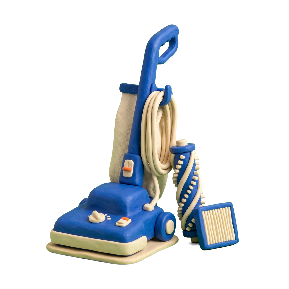 Vacuum cleaner store illustration in blue and ivory clay