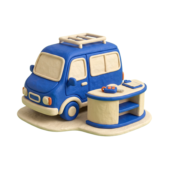 Van rental agency illustration in blue and ivory clay