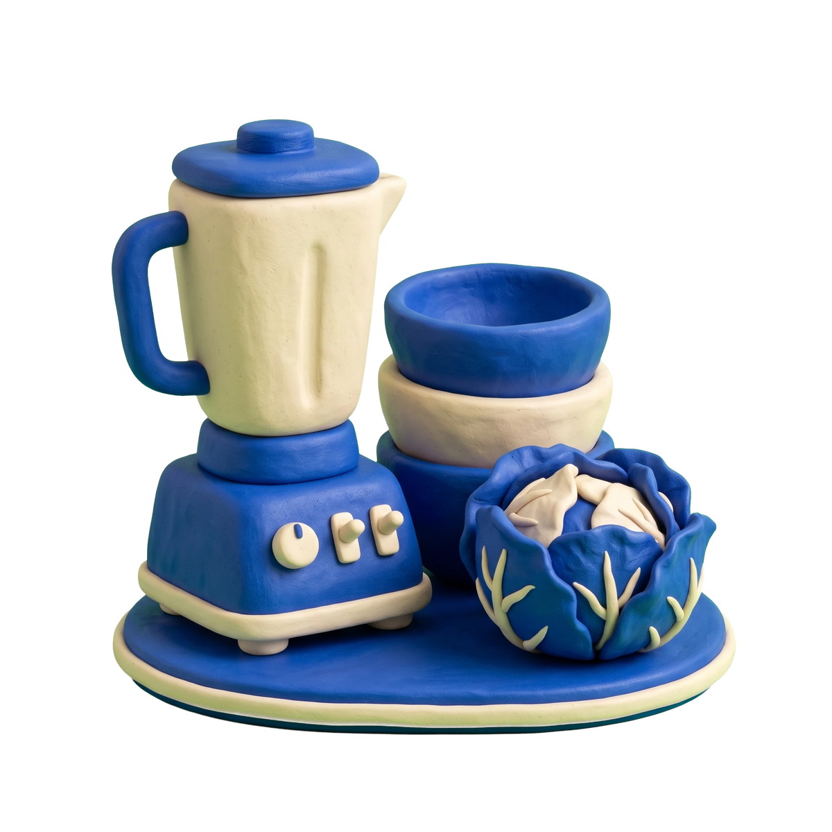 Vegetarian restaurant illustration in blue and ivory clay