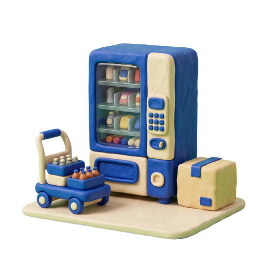 Vending machine supplier illustration in blue and ivory clay